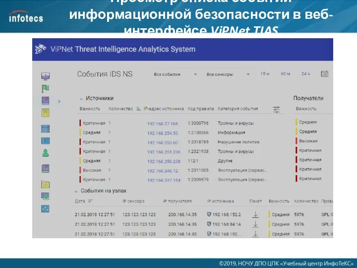 Просмотр списка событий информационной безопасности в веб-интерфейсе ViPNet TIAS