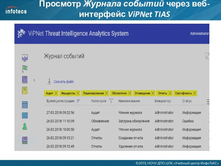 Просмотр Журнала событий через веб-интерфейс ViPNet TIAS