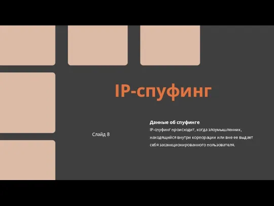 IP-спуфинг IP-спуфинг происходит, когда злоумышленник, находящийся внутри корпорации или вне