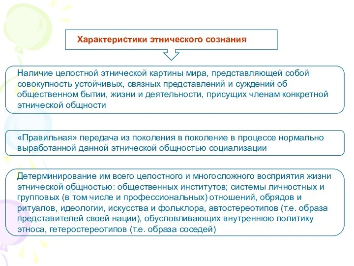 Характеристики этнического сознания Наличие целостной этнической картины мира, представляющей собой