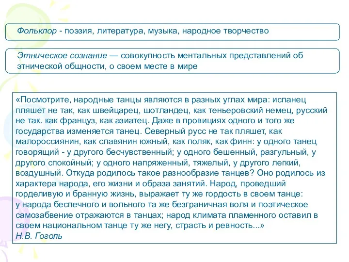 Фольклор - поэзия, литература, музыка, народное творчество Этническое сознание —