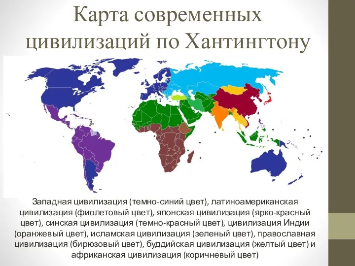 Карта современных цивилизаций по Хантингтону Западная цивилизация (темно-синий цвет), латиноамериканская