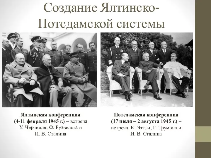 Создание Ялтинско-Потсдамской системы Ялтинская конференция (4-11 февраля 1945 г.) –