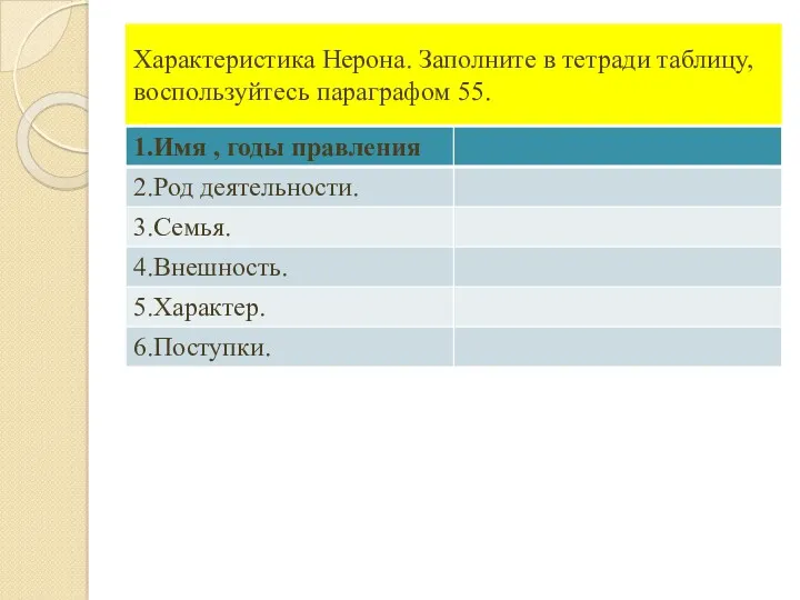 Характеристика Нерона. Заполните в тетради таблицу, воспользуйтесь параграфом 55.