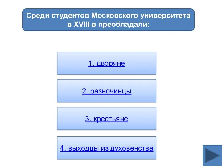Среди студентов Московского университета в XVIII в преобладали: 1. дворяне 2. разночинцы 3.