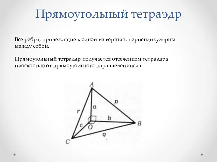 Прямоугольный тетраэдр Все ребра, прилежащие к одной из вершин, перпендикулярны