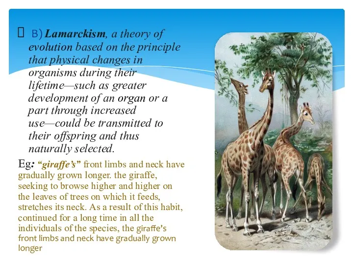 B) Lamarckism, a theory of evolution based on the principle