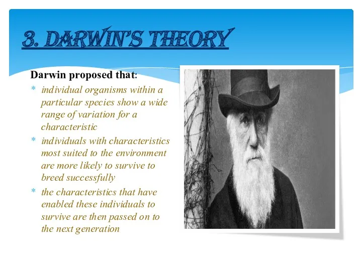 3. DARWIN’S THEORY Darwin proposed that: individual organisms within a
