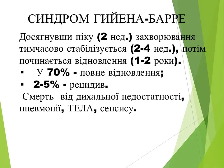 СИНДРОМ ГИЙЕНА-БАРРЕ Досягнувши піку (2 нед.) захворювання тимчасово стабілізується (2-4