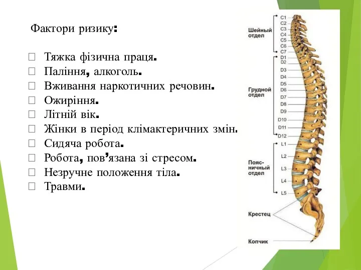 Фактори ризику: Тяжка фізична праця. Паління, алкоголь. Вживання наркотичних речовин.