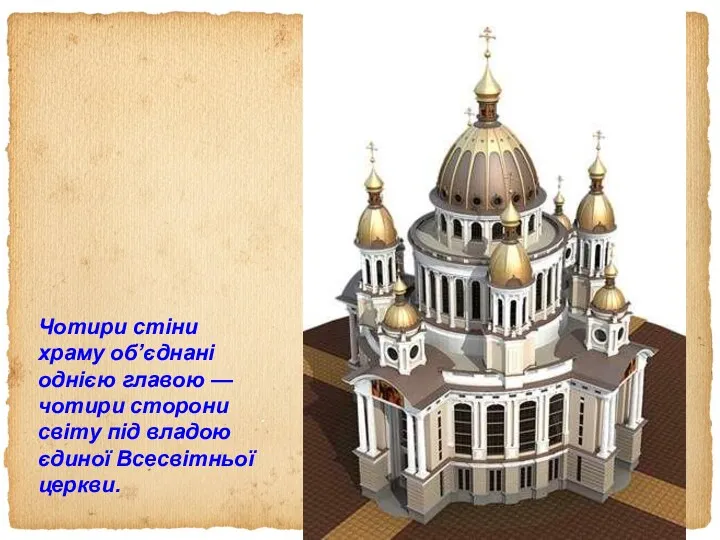 Чотири стіни храму об’єднані однією главою — чотири сторони світу під владою єдиної Всесвітньої церкви.