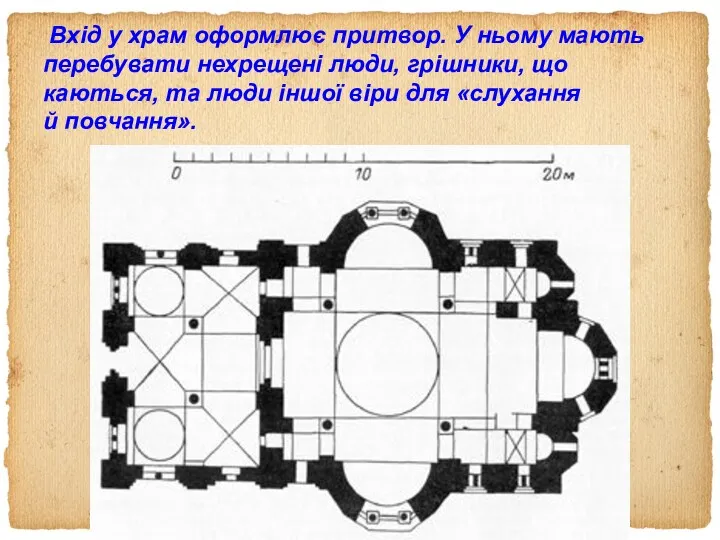 Вхід у храм оформлює притвор. У ньому мають перебувати нехрещені