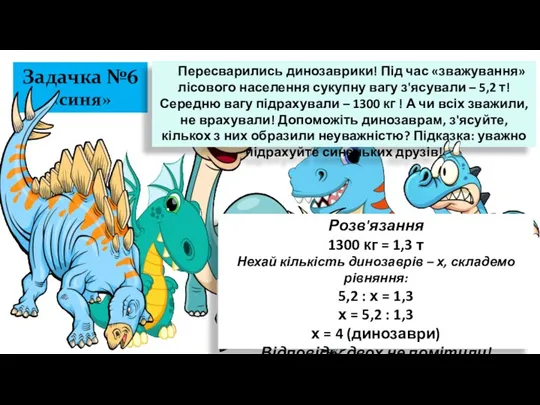 Задачка №6 «синя» Пересварились динозаврики! Під час «зважування» лісового населення