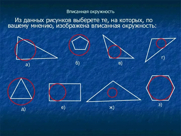 Вписанная окружность Из данных рисунков выберете те, на которых, по