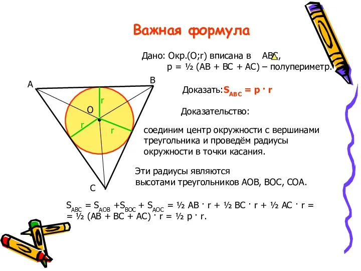 Важная формула Доказать:SABC = p · r Доказательство: Эти радиусы