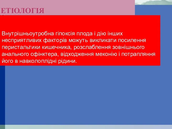 ЕТІОЛОГІЯ Внутрішньоутробна гіпоксія плода і дію інших несприятливих факторів можуть