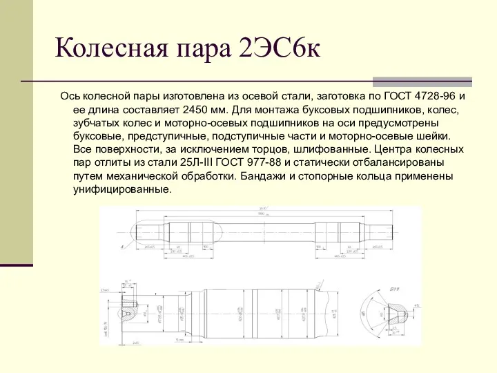 Колесная пара 2ЭС6к Ось колесной пары изготовлена из осевой стали,