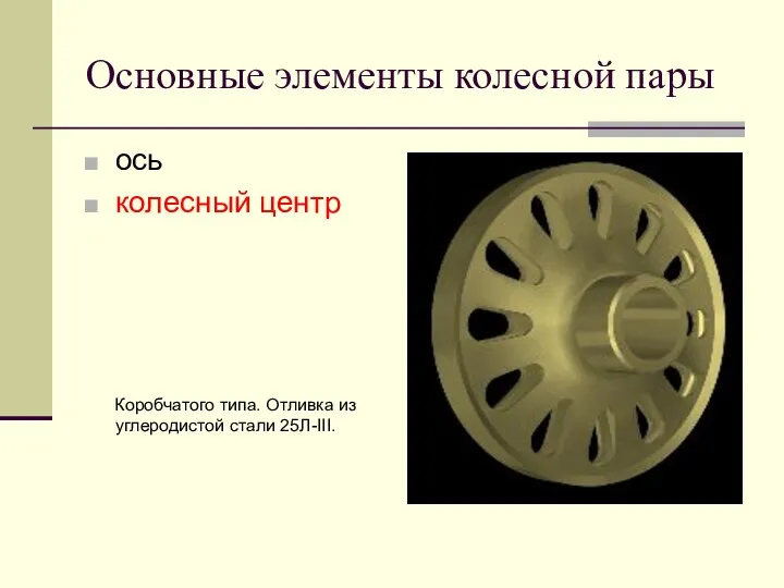 Основные элементы колесной пары ось колесный центр Коробчатого типа. Отливка из углеродистой стали 25Л-III.