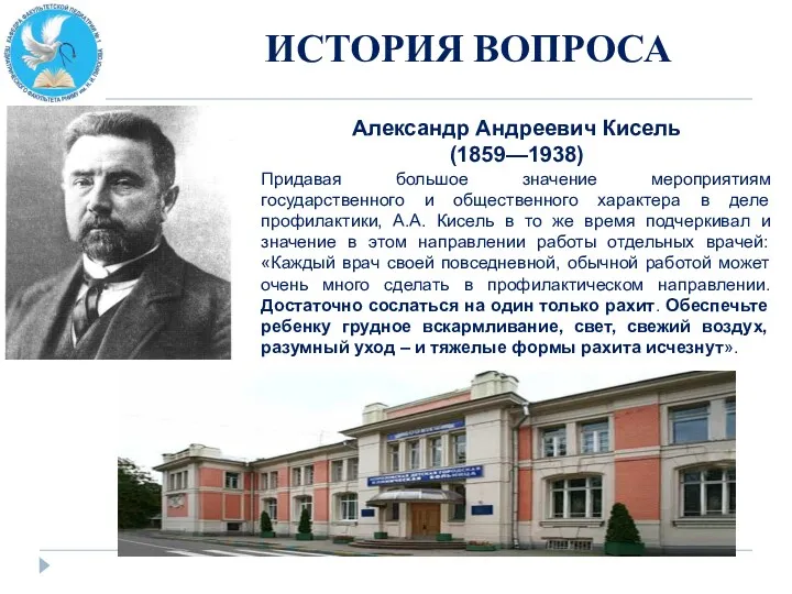 ИСТОРИЯ ВОПРОСА Александр Андреевич Кисель (1859—1938) Придавая большое значение мероприятиям государственного и общественного