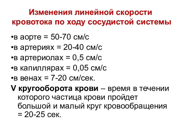 Изменения линейной скорости кровотока по ходу сосудистой системы •в аорте