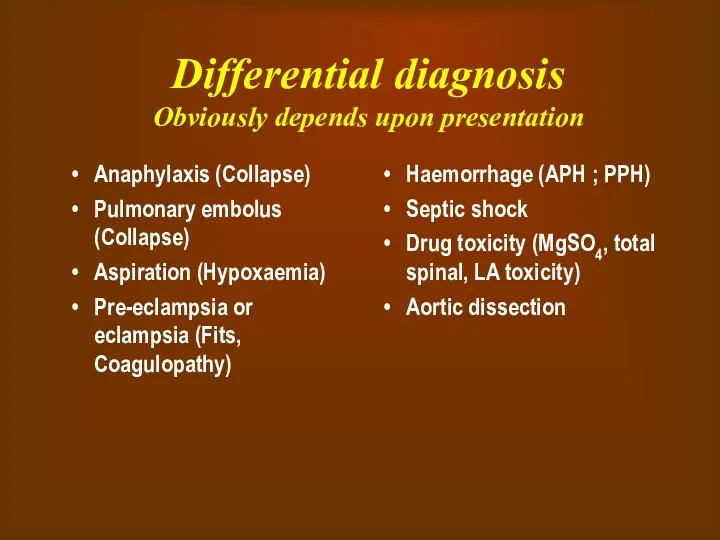 Differential diagnosis Obviously depends upon presentation Anaphylaxis (Collapse) Pulmonary embolus