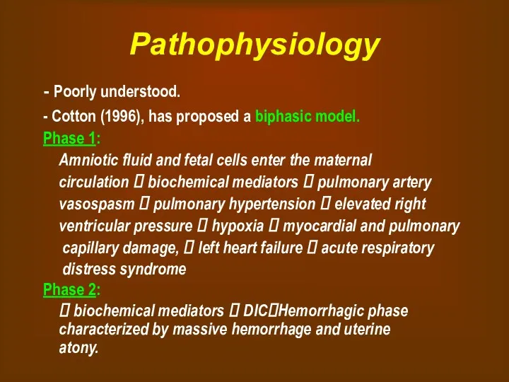 Pathophysiology - Poorly understood. - Cotton (1996), has proposed a