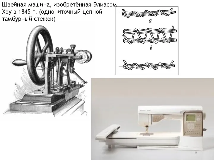 Швейная машина, изобретённая Элиасом Хоу в 1845 г. (однониточный цепной тамбурный стежок)