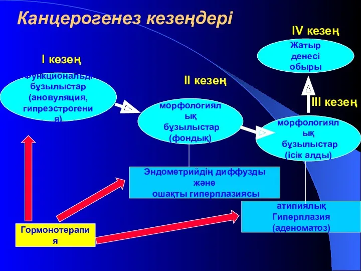 Канцерогенез кезеңдері I кезең Функциональді бұзылыстар (ановуляция, гипреэстрогения) Гормонотерапия II