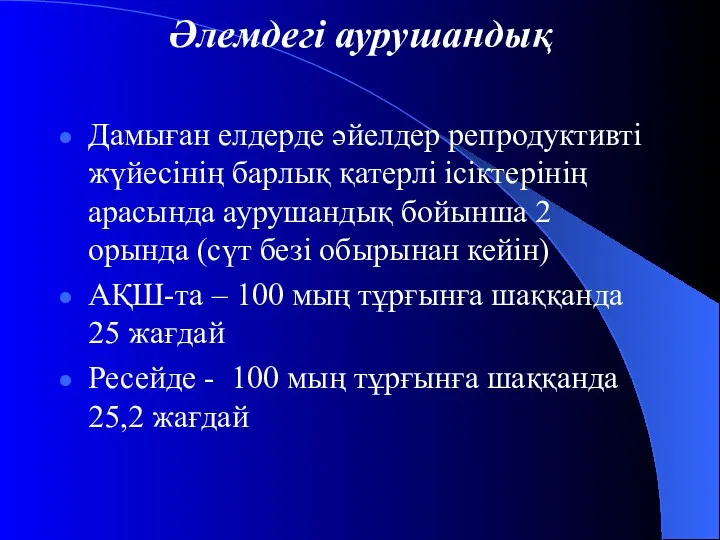 Әлемдегі аурушандық Дамыған елдерде әйелдер репродуктивті жүйесінің барлық қатерлі ісіктерінің