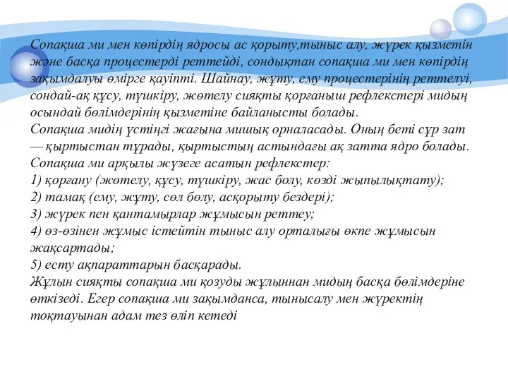 Сопақша ми мен көпірдің ядросы ас қорыту,тыныс алу, жүрек қызметін