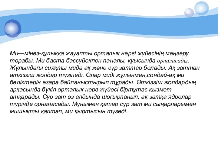 Ми—мінез-құлыққа жауапты орталық нерві жүйесінің меңгеру торабы. Ми баста бассүйекпен