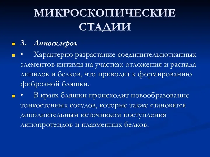 МИКРОСКОПИЧЕСКИЕ СТАДИИ 3. Липосклероз. • Характерно разрастание соединительнотканных элементов интимы