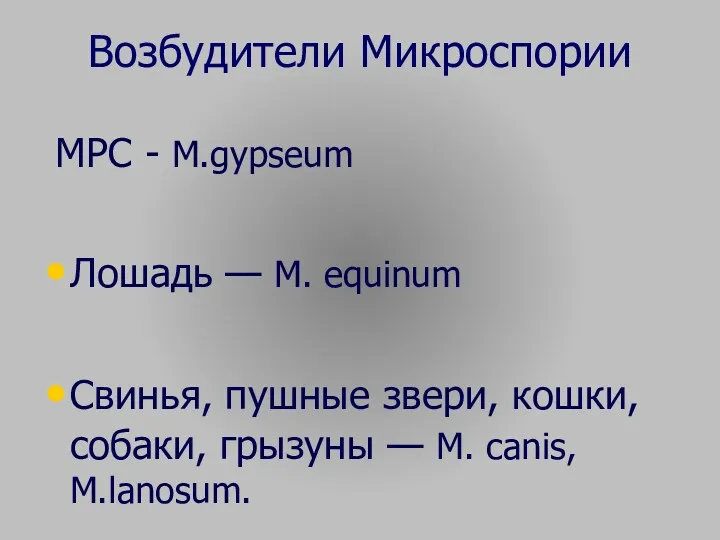 Возбудители Микроспории МРС - M.gypseum Лошадь — М. equinum Свинья,