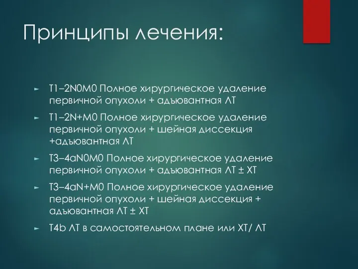 T1–2N0M0 Полное хирургическое удаление первичной опухоли + адъювантная ЛТ T1–2N+M0