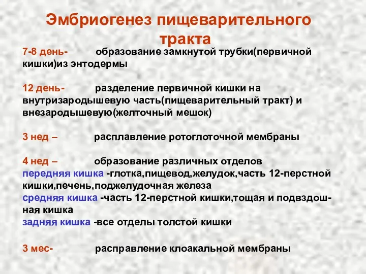 7-8 день- образование замкнутой трубки(первичной кишки)из энтодермы 12 день- разделение