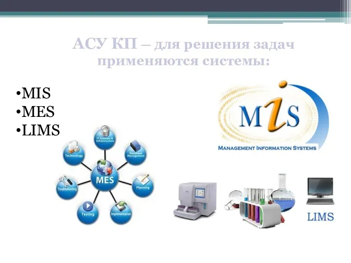 АСУ КП — для решения задач применяются системы: MIS MES LIMS