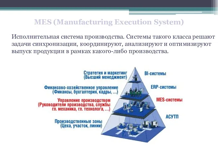 Исполнительная система производства. Системы такого класса решают задачи синхронизации, координируют,