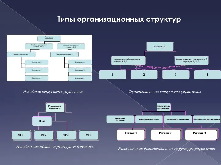 Линейная структура управления Функциональная структура управления Линейно-штабная структура управления. Региональная дивизиональная структура управления Типы организационных структур