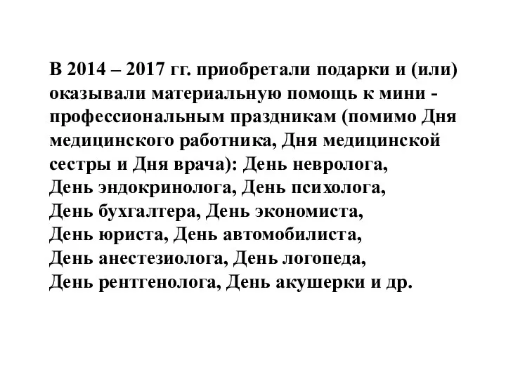 В 2014 – 2017 гг. приобретали подарки и (или) оказывали материальную помощь к