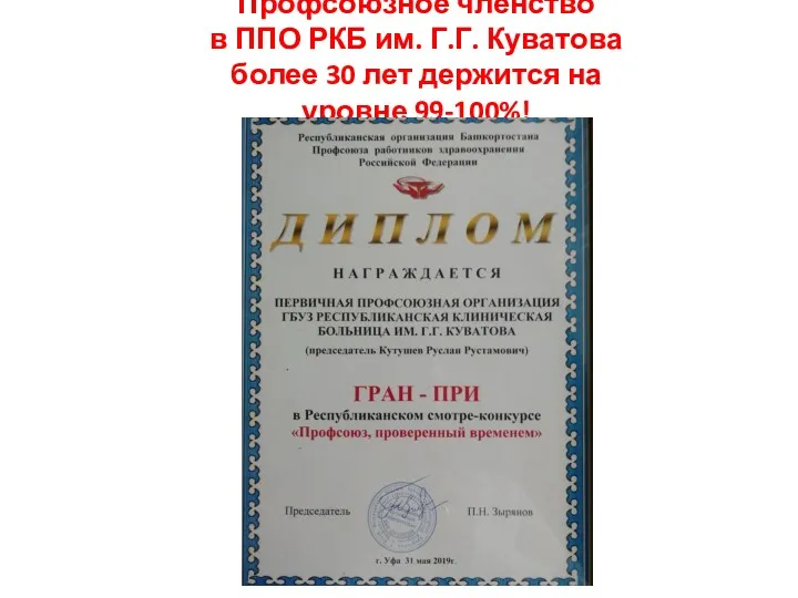 Профсоюзное членство в ППО РКБ им. Г.Г. Куватова более 30 лет держится на уровне 99-100%!