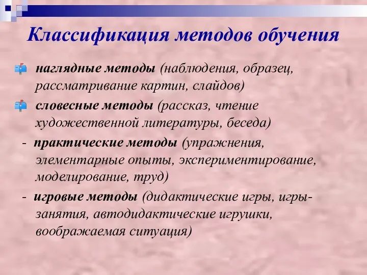 Классификация методов обучения наглядные методы (наблюдения, образец, рассматривание картин, слайдов)