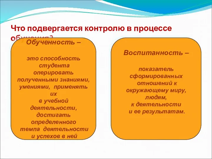 Что подвергается контролю в процессе обучения? Обученность – это способность