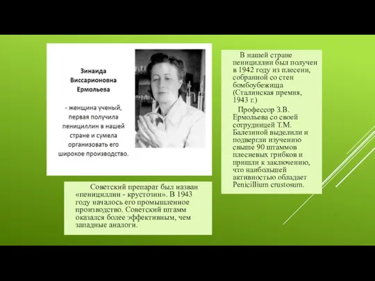 В нашей стране пенициллин был получен в 1942 году из