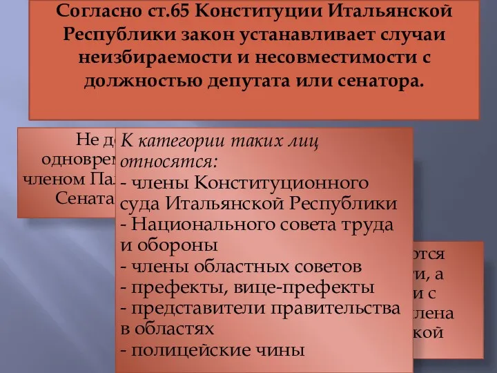 Согласно ст.65 Конституции Итальянской Республики закон устанавливает случаи неизбираемости и