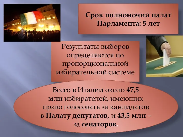 Срок полномочий палат Парламента: 5 лет Результаты выборов определяются по