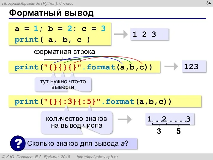 Форматный вывод a = 1; b = 2; c =