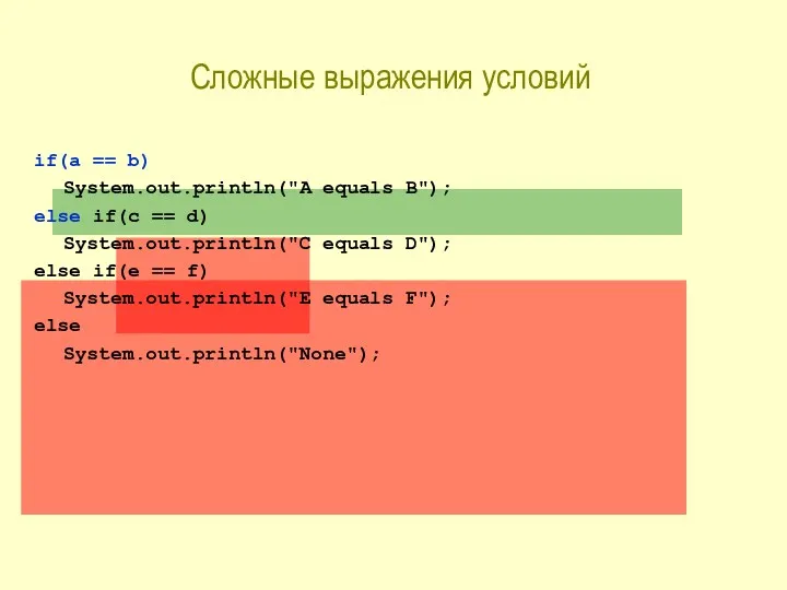 Сложные выражения условий if(a == b) System.out.println("A equals B"); else