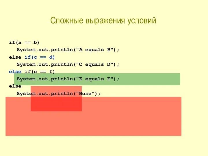 Сложные выражения условий if(a == b) System.out.println("A equals B"); else