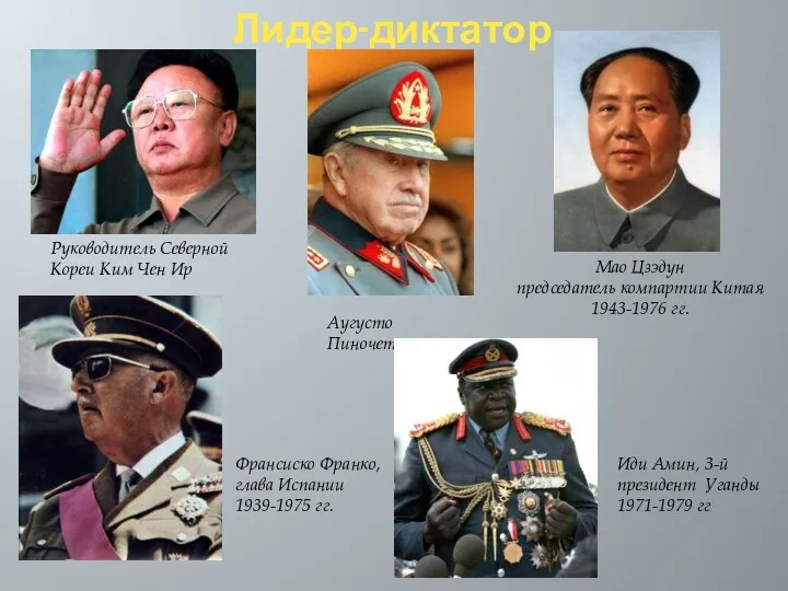 Лидер-диктатор Руководитель Северной Кореи Ким Чен Ир Аугусто Пиночет Мао