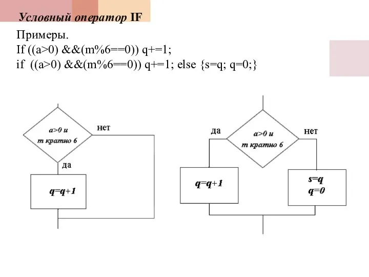 Условный оператор IF Примеры. If ((a>0) &&(m%6==0)) q+=1; if ((a>0) &&(m%6==0)) q+=1; else {s=q; q=0;}